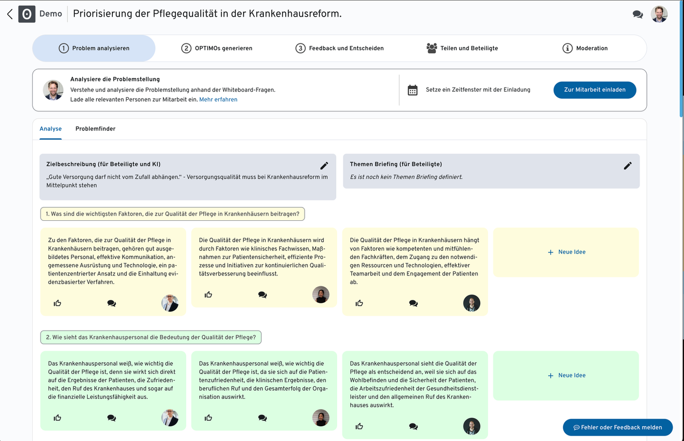 OPTIMO Next Plattform – Beispielthema mit Ideenboard